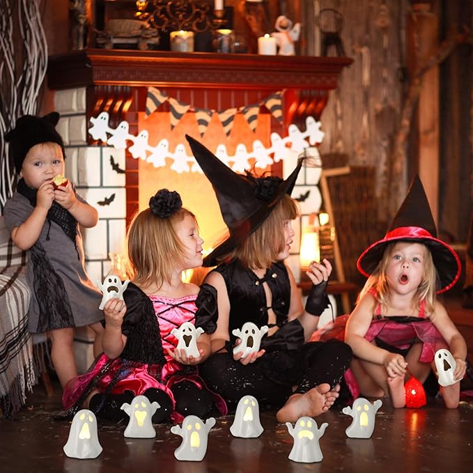 Wesiti 6 Pcs Ceramic Ghost Light up Halloween Decorations Indoor Small White Ghost Figurines Gothic Home Decor Spooky Statue Gift for Desk Tabletop Centerpieces Party Props