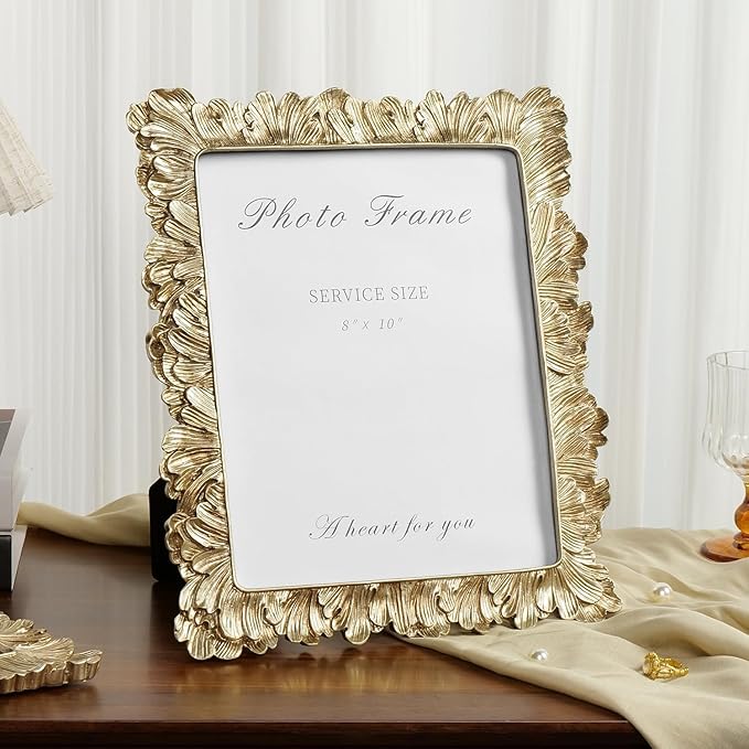 Cuspin 8x10 Picture Frame Vintage Gold Frames, Elegant Photo Frame with Glass Front, Palm Leaves Textured Hand-Crafted Resin Frame for Wall and Tabletop Display Home Decor