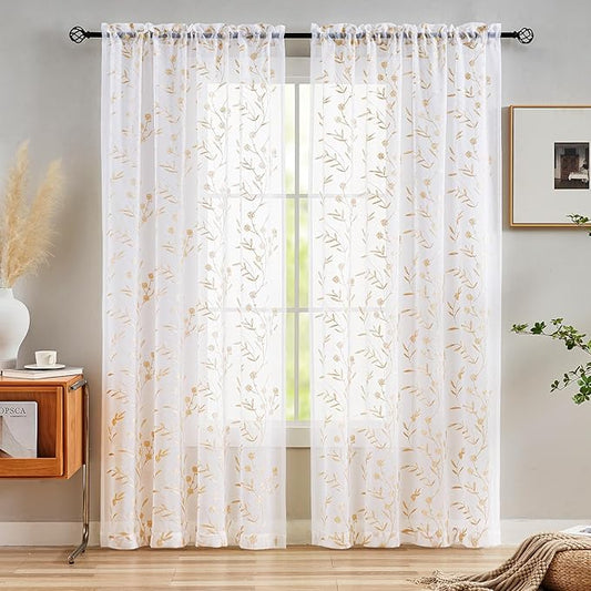 Sheer Curtains White-Beige 95 Inches, Embroidery Floral Pattern Window Treatments Rod Pocket Drapes for Living room, Bedroom, Semi Voile Curtain Panels for Patio, Villa, Parlor, Set of 2, 52"x 95".