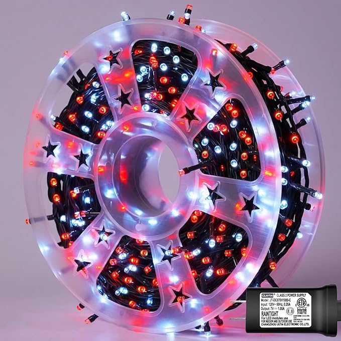 YEGUO 165ft 500 LED Christmas Lights Indoor, Red and White String Light Outdoor Waterproof, 8 Modes Green Wire Plug in with Timer Memory