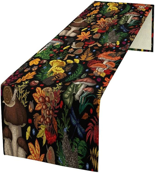 Nature Mushroom Table Runner,Retro Boho Floral Botanical Plant Forest Pattern Print Tablecloth Burlap for Hotel Indoors Outdoor Dining Room Kitchen Holiday Party, 13x108in