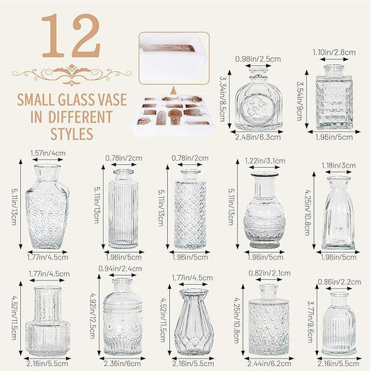 12pcs Mini Bud Vases As Wedding Centerpieces for Tables,Clear Bud Vases for Flowers,Small Flower Vases Suitable for Birthday Party,Anniversary,Wedding Reception,Baby Shower (Clear)