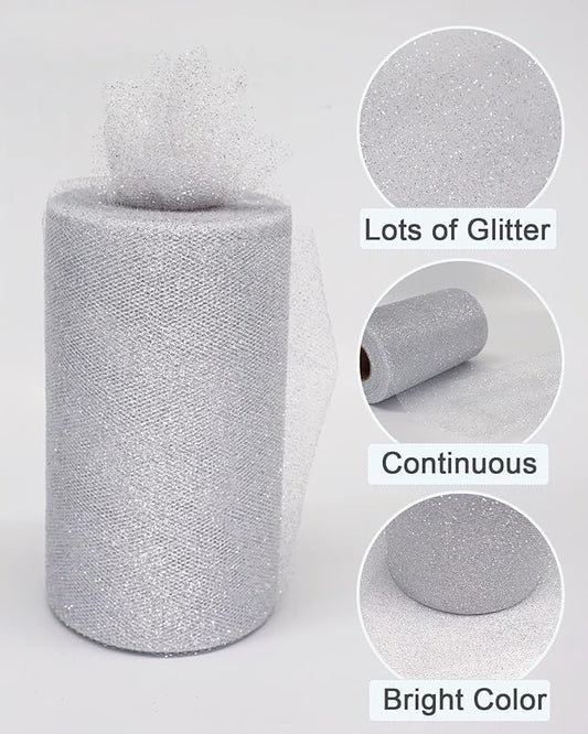 Glitter Tulle Fabric Rolls, 6 Inch 50 Yards (150ft) Sparkling Spool Ribbon Sequin Netting for Tutu Skirt Gift Wrapping Wedding Party Decoration (Silver)