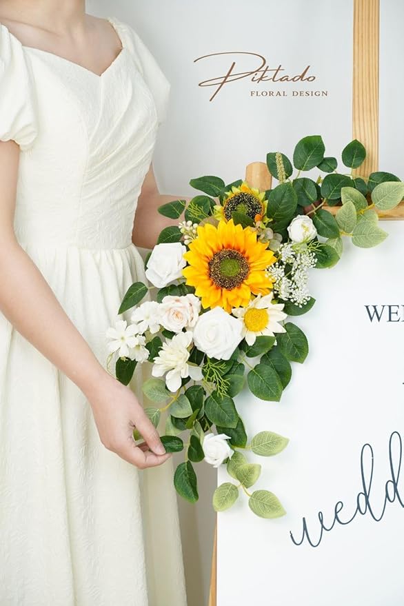 Wedding Decor (Pack of 2) Welcome Sign Flower Backdrop Garland for Ceremony Reception Wall Easel Home Decoration Entryway Faux Outdoor Board Head Table Decor (Sunflower)