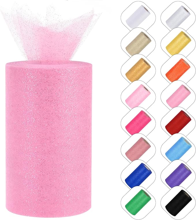 Glitter Tulle Rolls 6” by 50 Yards Sparkle Tulle Fabric Ribbon Sequin Tulle Netting Rolls for DIY Tutu Skirt Wedding Birthday Party Decoration (Pink)