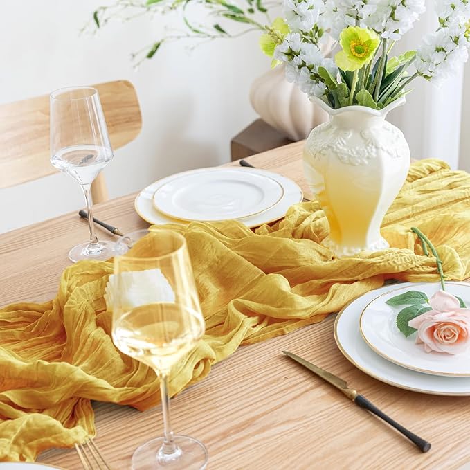 Asee'm Cheesecloth Table Runner 120 Inches Long Gold Boho Gauze Cheese Cloth Runner 10FT Rustic Sheer Fall Table Runners for Thanksgiving Christmas Wedding Party Baby Shower Decoration