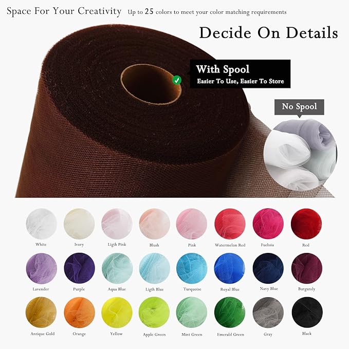Brown Tulle Fabric Rolls 54 Inch by 40 Yards Tulle Bolt Spool for Wedding Decorations DIY Tutu Baby Shower Table Skirt Ceiling Decor Birthday Party Craft Supplies