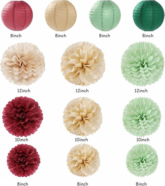 Sage-Olive Green Burgundy-Champagne Boho Party-Decorations - 20pcs Birthday Paper Lanterns Fans,Tissue Pom Poms,Honeycomb Balls,Bunting,Christmas Bridal Baby Shower Wedding Engagement Decor Burgleda