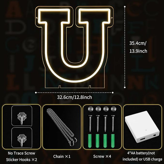 Light Up Letters U, Led Marquee Letter Lights Neon Sign, 13.9" Height Decorative Lighted Alphabet Number, Battery/USB Powered Led Letters Lights for Wedding, Birthday, Party, Christmas or Home Decor