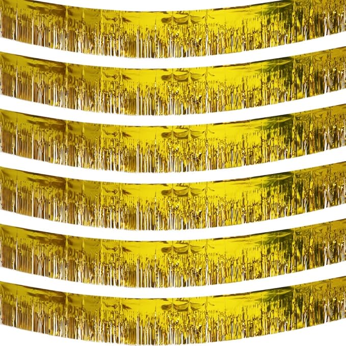 6 Pack Gold Total 60 Feet Foil Fringe Garland Metallic Tinsel Banner Wall Hanging Drapes Parade Float Skirting Decorations for Trailer Mardi Gras Party Birthday Wedding (Gold)