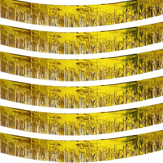 6 Pack Gold Total 60 Feet Foil Fringe Garland Metallic Tinsel Banner Wall Hanging Drapes Parade Float Skirting Decorations for Trailer Mardi Gras Party Birthday Wedding (Gold)