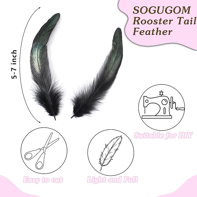 SOGUGOM Mardi Gras Rooster Tail Feathers - 200 pcs 5-7 inch Natural Rooster Tail Feathers Bulk for Mardi Gras, Costume and Party(Mardi Gras)