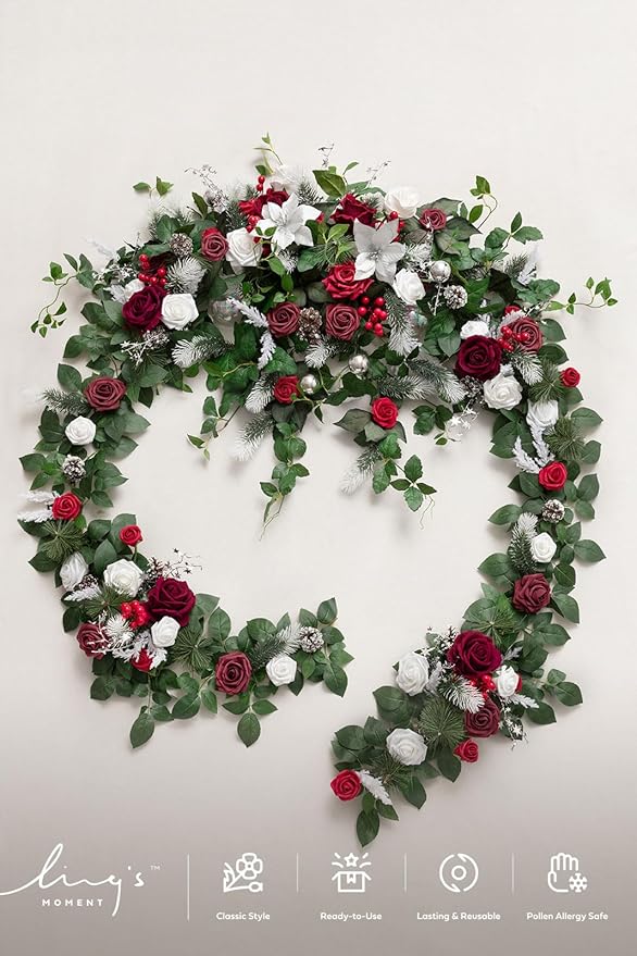 Ling's moment 9FT Eucalyptus and Willow Leaf Garland with White Flower, Handcrafted Wedding Sweetheart Table Centerpieces Head Table Decor Arch Backdrop Decorations for Wedding | Red & White
