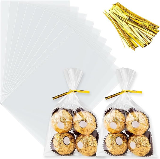 ZHEWTOEN Cellophane Bags, 100 Pcs 4x6 Inch Cellophane Treat Bags with Color Twist Ties, Clear Plastic Goodie Cello Treat Candy Bags for Cookies, Popcorn, Small Gift Wrapping, Party Favors