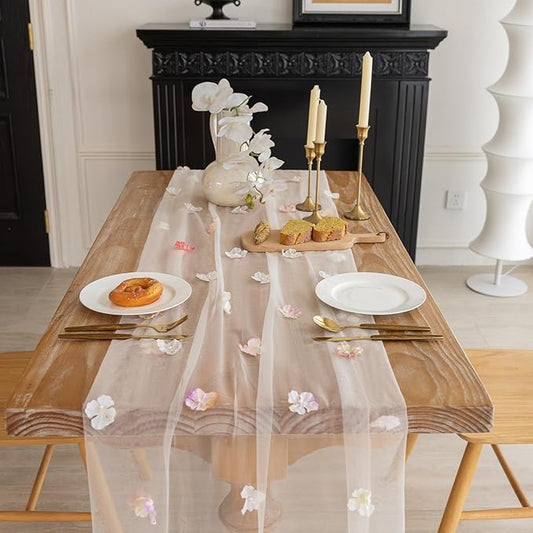 Romantic Artificial Floral Table Runner 10ft Gauze Tulle Lace Table Runner Set for Wedding Baby Shower Bridal Shower Holiday Kitchen Dining Table Decoration for Home Party Special Occasion (2Pcs)