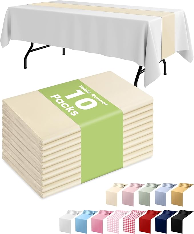 Pureegg Ivory Plastic Table Runners - 10 Pack, 14'' x 108'', Water Resistant & Disposable Cream Centerpiece Decorations for Table Cloth, Wedding, Birthday, Holiday, Baby Shower, Beige Home Decor
