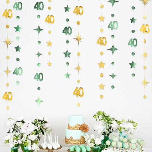 Sage Green Gold 40th Birthday Decorations Number 40 Circle Dot Twinkle Star Garland Streamer Banner Backdrop for Women Mens Cheers to 40 Years Old Birthday Happy 40th Anniversary Party Supplies