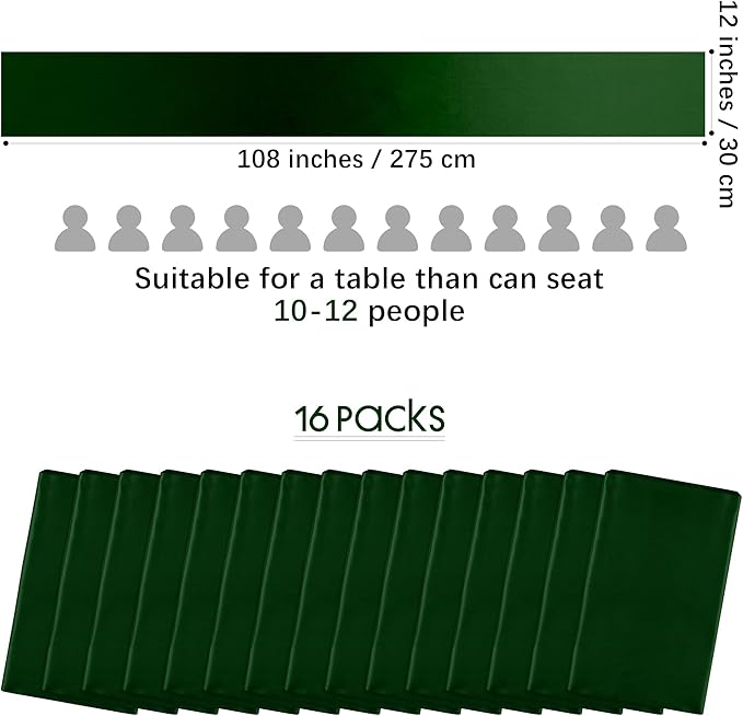 Aneco 16 Pack Satin Table Runner 12 x 108 Inch Black Green Long Wedding Satin Silk Table Runner for Wedding Banquet Graduations Birthday Party Decoration