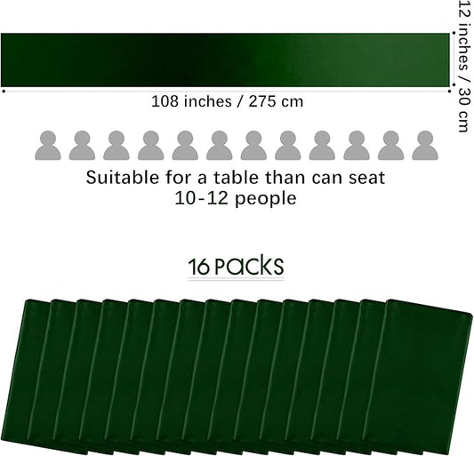Aneco 16 Pack Satin Table Runner 12 x 108 Inch Black Green Long Wedding Satin Silk Table Runner for Wedding Banquet Graduations Birthday Party Decoration