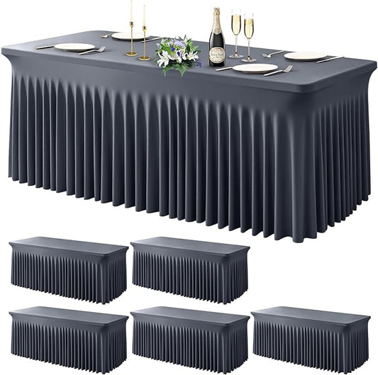 Wish Care 6 Pack Gray Spandex Table Clothes for 6 Foot Rectangle Tables, 6FT Wrinkle Free Fitted Tablecloths Ruffles Design Table Cover for Party, Banquet, Wedding and Events