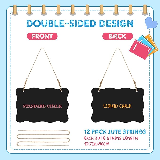 12 Pcs 4 x 6 Acrylic Chalkboard Hanging Sign with Chalk Markers Chalk Board Signs with Hanging String for Wedding Kitchen Home Party Decoration (Wave)