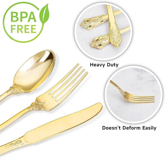 WDF 120PCS Gold Plastic Silverware - Heavy Duty Gold Plastic Cutlery Set Disposable Utensils - 40 Forks, 40 Spoons, 40 Knives, Perfect for Thanksgiving Party/Weeding and Daily Use