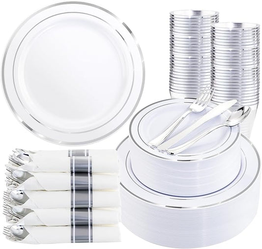 350Piece Silver Plastic Dinnerware Set for 50 Guests - Silver Plastic Plates with Cutlery Include:50Dinner Plates-50Dessert Plates-50Pre Rolled Napkins with Silverware for Christmas