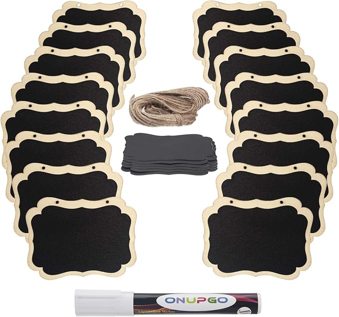 ONUPGO 16 Pack Chalkboard Tags with Liquid Chalk Marker, Double Sided Blackboard with Hanging String, Wooden Mini Erasable Chalkboard Signs, Hanging Chalkboard Labels, Price Tags, Message Tags