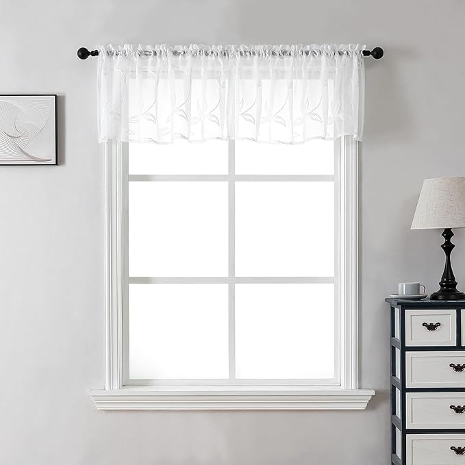 VISIONTEX Sheer Voile Curtain Valances, Decorative Leaves Embroidered, Rod Pocket Window Treatment for Kitchen/Rustic Bedroom/Living Room (54 x 16 Inch,1 Panel)