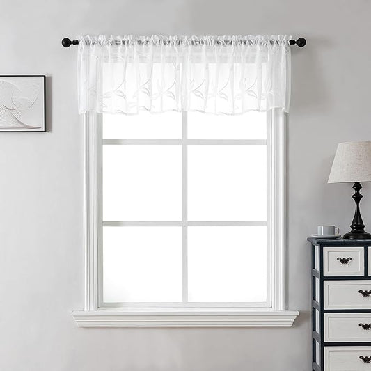 VISIONTEX Sheer Voile Curtain Valances, Decorative Leaves Embroidered, Rod Pocket Window Treatment for Kitchen/Rustic Bedroom/Living Room (54 x 16 Inch,1 Panel)
