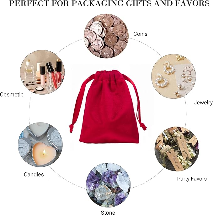 QIANF 12pcs Red Velvet Drawstring Bags 3x4 inches Velvet Cloth Small Gift Bags Jewelry Pouches for Storage Wedding Party Favor Christmas