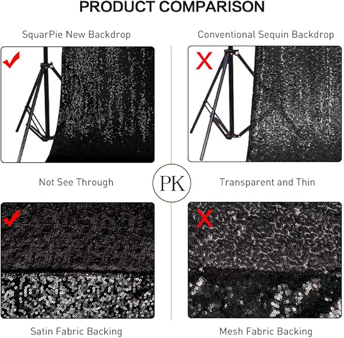 SquarePie Sequin Backdrop Less See Through Background for Wedding Halloween Party 7FT x 7FT Black