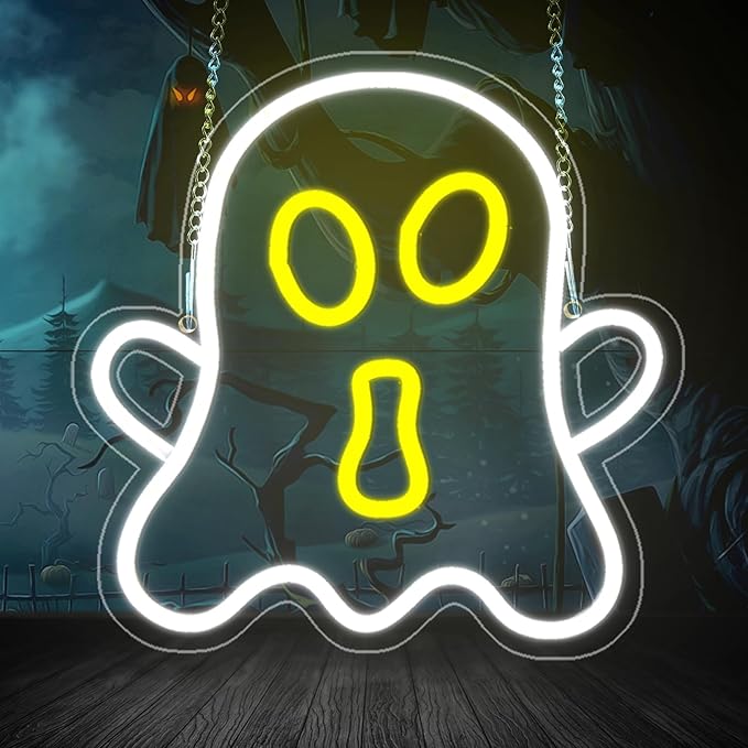 Halloween White Ghost Neon Sign Halloween, USB Halloween Neon LED Light for Wall Decor, White Ghost Halloween Sign Decorations for Home Bar Salon Coffee Stores Porch Front Door
