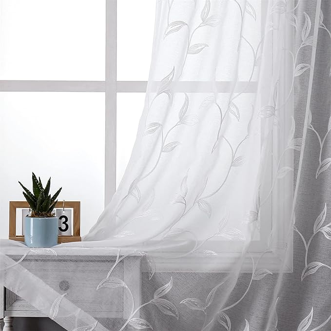 VISIONTEX White Sheer Voile Curtains, Decorative White Embroidery Faux Linen Rod Pocket Window Drapes for Home Kitchen, Living Room and Bedroom 54 x 108 Inch, Set of 2 Curtain Panels