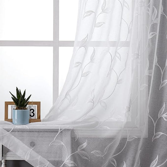 VISIONTEX White Sheer Voile Curtains, Decorative White Embroidery Faux Linen Rod Pocket Window Drapes for Home Kitchen, Living Room and Bedroom 54 x 108 Inch, Set of 2 Curtain Panels