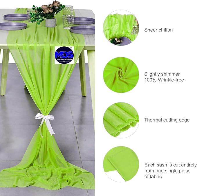 MDS Halloween Chiffon Table Runner - 15 Pack, 29 x 170 Inches, 14ft Each - Sheer Spooky Table Runners for Haunted House Parties, Trick-or-Treat Tables, Witchy Décor, Wedding & Events - Parrot Green