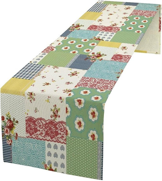 Patchwork Boho Table Runner,Vintage Colorful Floral Plaid Polka Dot Print Tablecloth Burlap for Hotel Indoors Outdoor Dining Room Kitchen Home Decor,W13X L80 in