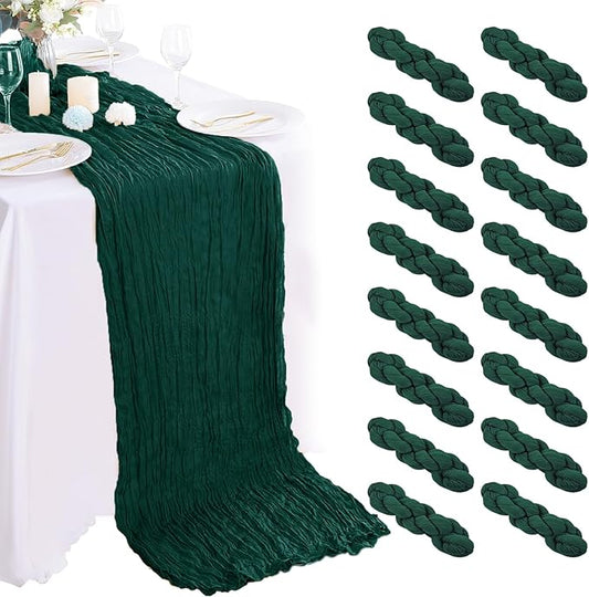 Emerald Green Cheesecloth Table Runner - 10FT x 35Inch Boho Gauze - 16PCS - Rustic Sheer Table Decor for Wedding, Party, Baby, Bridal Shower
