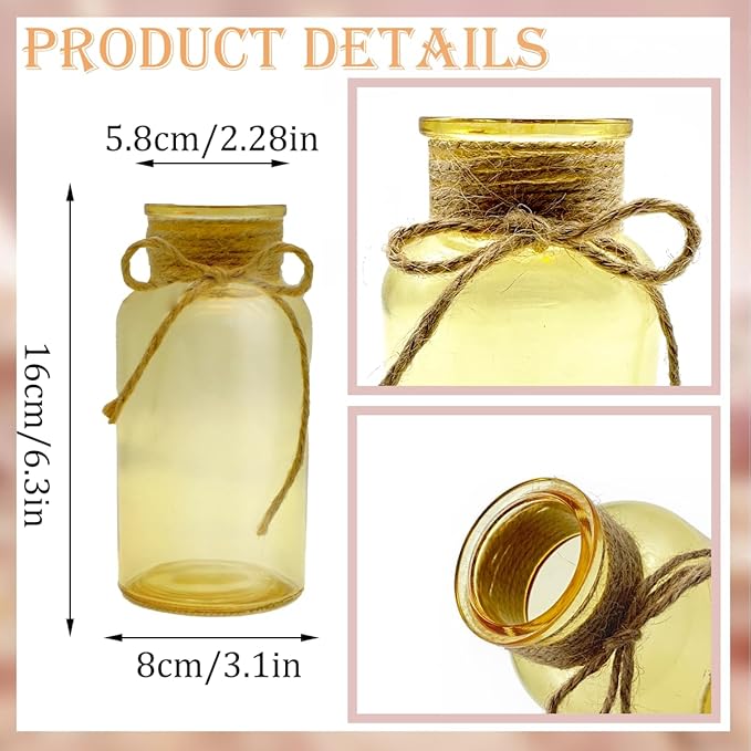 Vintage Glass Flower Vase，6 Pack Gold Amber Farmhouse Glass Centerpiece Vases Mason Jars for Weddings, Parties & Home Decor Bulk (6, Gold)