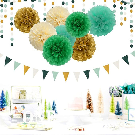 Sage-Green Beige-Gold Baby Bridal-Shower Decorations - 30pcs Rustic Wedding Tissue Pom Poms,Tassel Garland Banner,Birthday Gender Reveal Bachelorette Engagement Party Decor Bunting Lasting Surprise