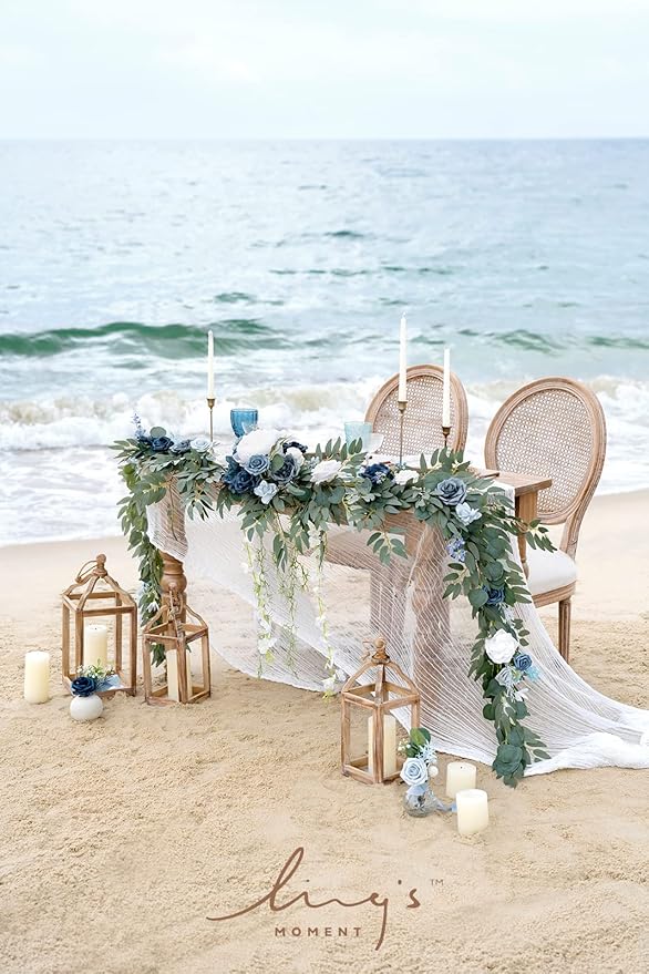 Ling's Moment 9FT Spring Flower Garland- Wedding Arch Flowers for Backdrop Decoration, Eucalyptus & Rose, Artificial Floral Garland for Mantle - Sweetheart Head Table Decor for Reception, Dusty Blue