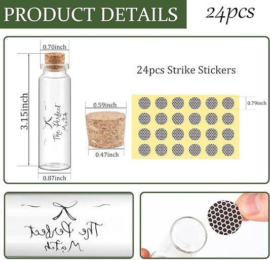 24 Matches Holders Empty Jars with 24 Striker Stickers, Empty Matches in A Jar with Striker DIY Wedding Favors, Candle Holder Containers & Bulk Storage| The Perfect Match Box (0.87x3.15 Inch) (24)