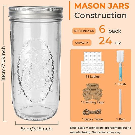 CycleMore 6 Pack Wide Mouth Mason Jars with Airtight Lids and Bands, 24 Oz Canning Glass Jars, Glass Canister for Canning, Fermenting, Pickling, Meal Prep, Overnight Oats, Jam, Jelly