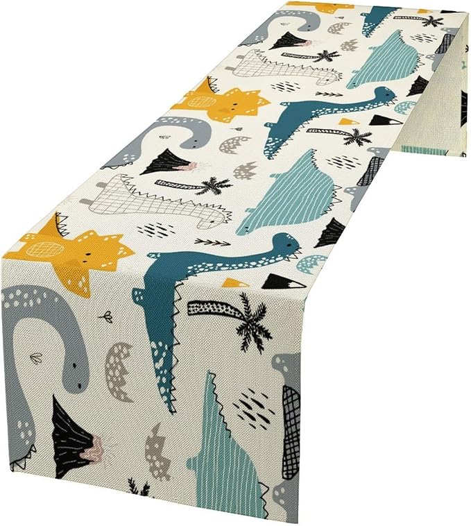 Cartoon Dinosaur Table Runner,Kids Boys Cute Various Dino Moutain Modern Abstract Print Tablecloth Burlap for Hotel Indoors Outdoor Dining Room Kitchen Holiday Party, 13x70in