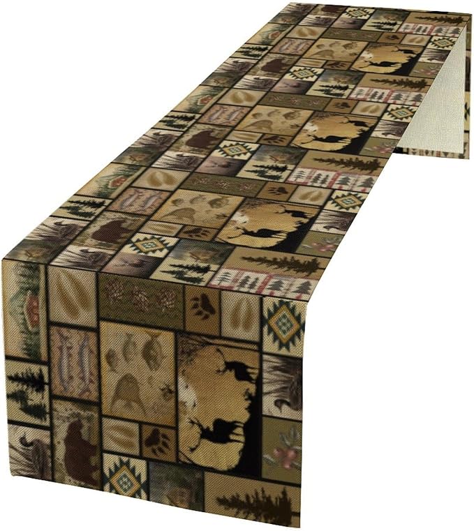 Vintage Deer Bear Table Runner, Fish Retro Farmhouse Cabin Lake Country Lodge Table Runner for Home Dinner Kitchen Living Room, 13x70 Inch