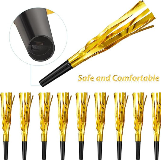 200 Pcs Party Blowers Noise Makers Party Horns Blowout Clappers Noisemakers for Halloween Christmas Birthday Sporting Party New Year's Eve Party Supplies 2025(Black Gold)