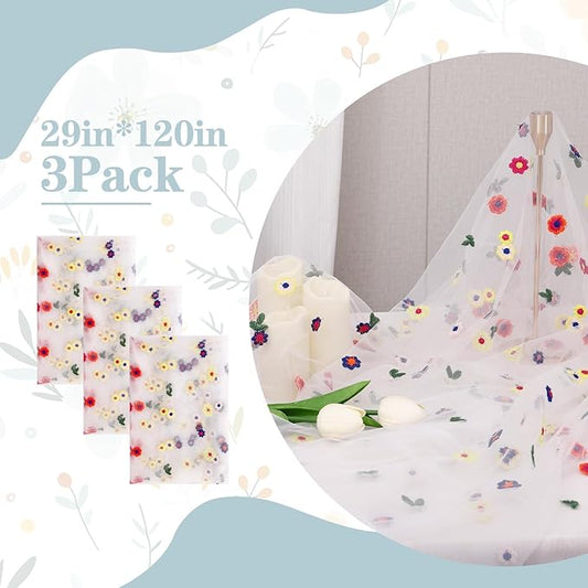 3PCS Lvory Floral Table Runner 10 FT, Embroidery Daisy Table Runners Seasonal Sheer Tulle Table Runner for Thanksgiving Wedding Birthday Baby Shower Party ﻿