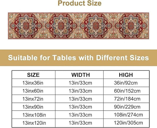 Boho Bohemia Style Table Runner, Vintage Red Brown Retro Flower Rustic Country Style Floral Print Pattern for Home Kitchen Table Decor Dining Coffee Room Garden Party Decor 13x120in
