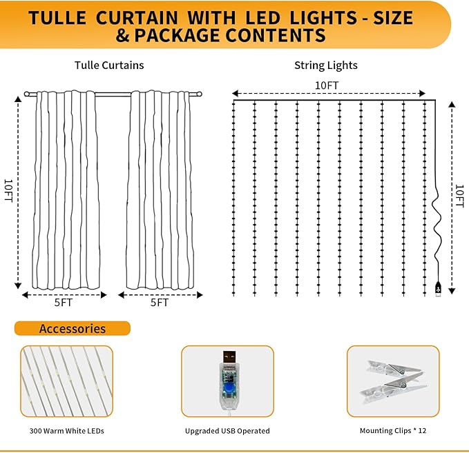 White Tulle Backdrop Curtain with Lights String - 10x10ft Sheer Backdrop with 300 LEDs for Wedding, Baby Shower, Bridal Shower, Birthday Party Photo Shoot Background and Home Decorations
