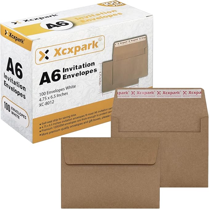 100 Qty Printable A6 Invitation Envelopes 4.75x6.5 inches Cards, Self Seal 120GSM Brown Kraft Paper Envelopes for Invitations, Photos, Documents, Wedding, Baby Shower, Easy to Seal and Peel